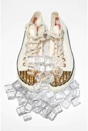 Pair of white high-top sneakers with metallic gold toe caps surrounded by ice cubes on a white background