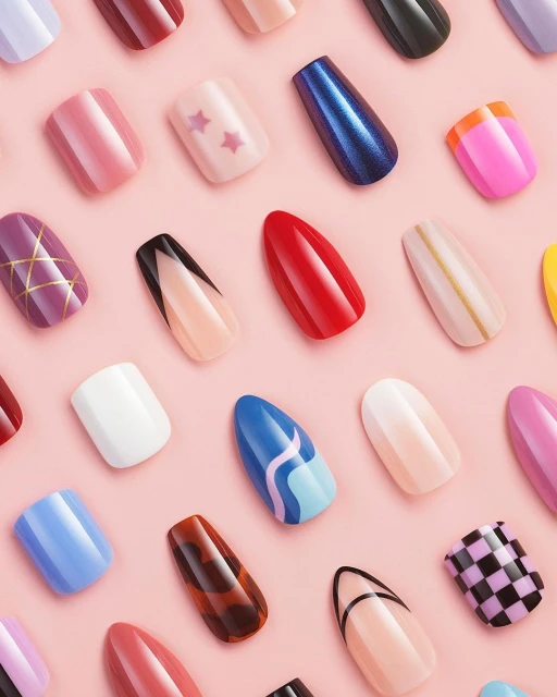 Overhead shot of a colorful collection of press-on nails with varying designs against a solid pink background in a beauty product shot.