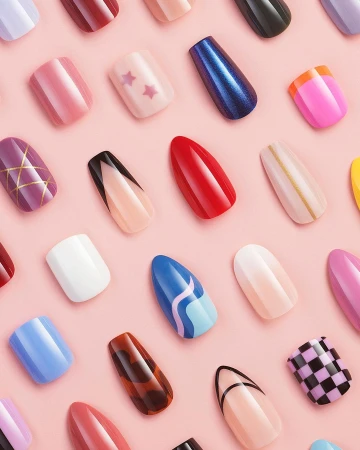 Overhead shot of a colorful collection of press-on nails with varying designs against a solid pink background in a beauty product shot.