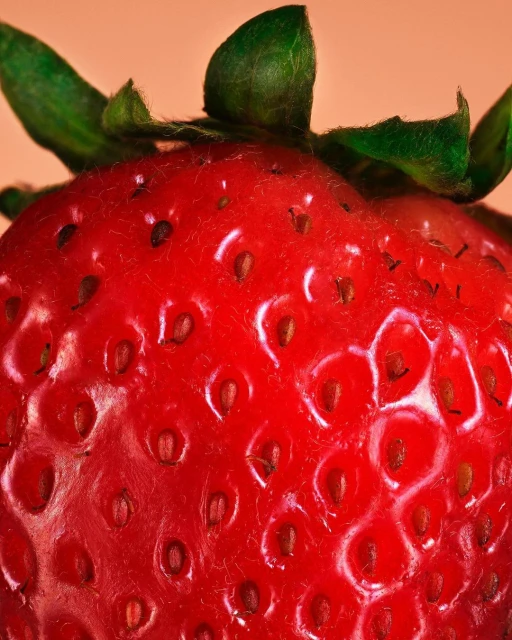 Close-up of a vibrant red strawberry with green stem and tiny seeds against a soft, peach-toned background, showcasing the fruit's texture.