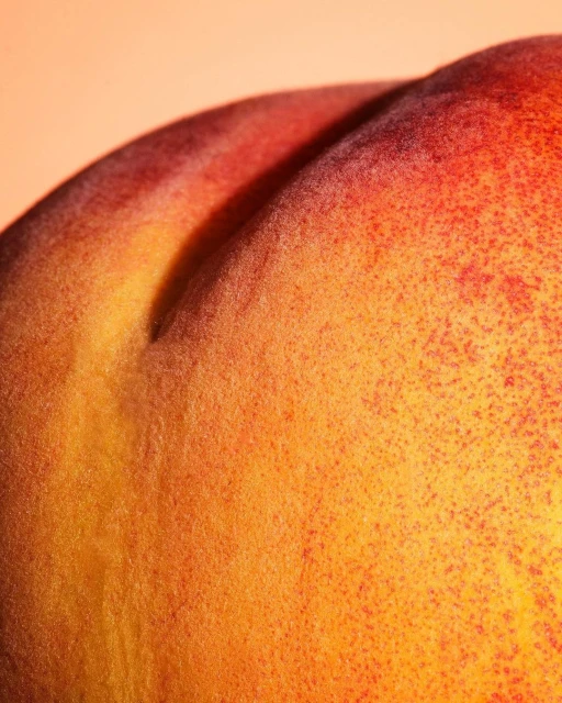 Close-up studio shot of a vibrant peach, showcasing its textured skin, colors from deep red to yellow, and soft, velvety surface.