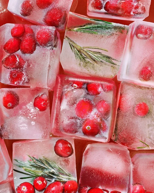 Close-up of multiple ice cubes with cranberries and rosemary sprigs frozen inside, against a reddish-pink background, food and beverage.