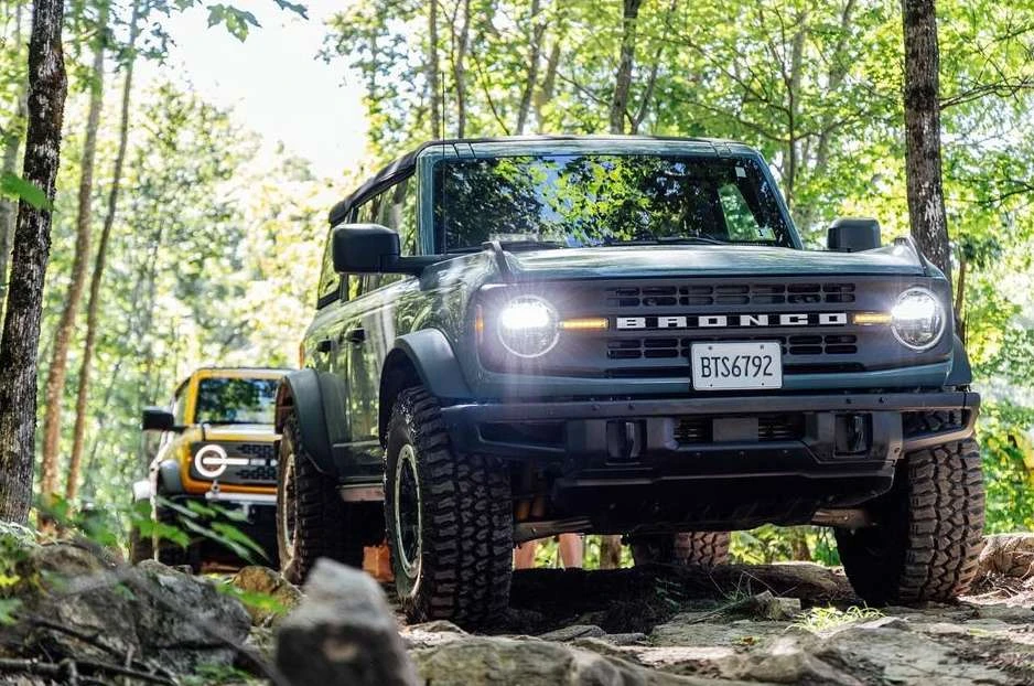 Two Ford Bronco SUVs driving on a rocky trail through a forest with green trees and filtered sunlight. Off-road vehicles, adventure.