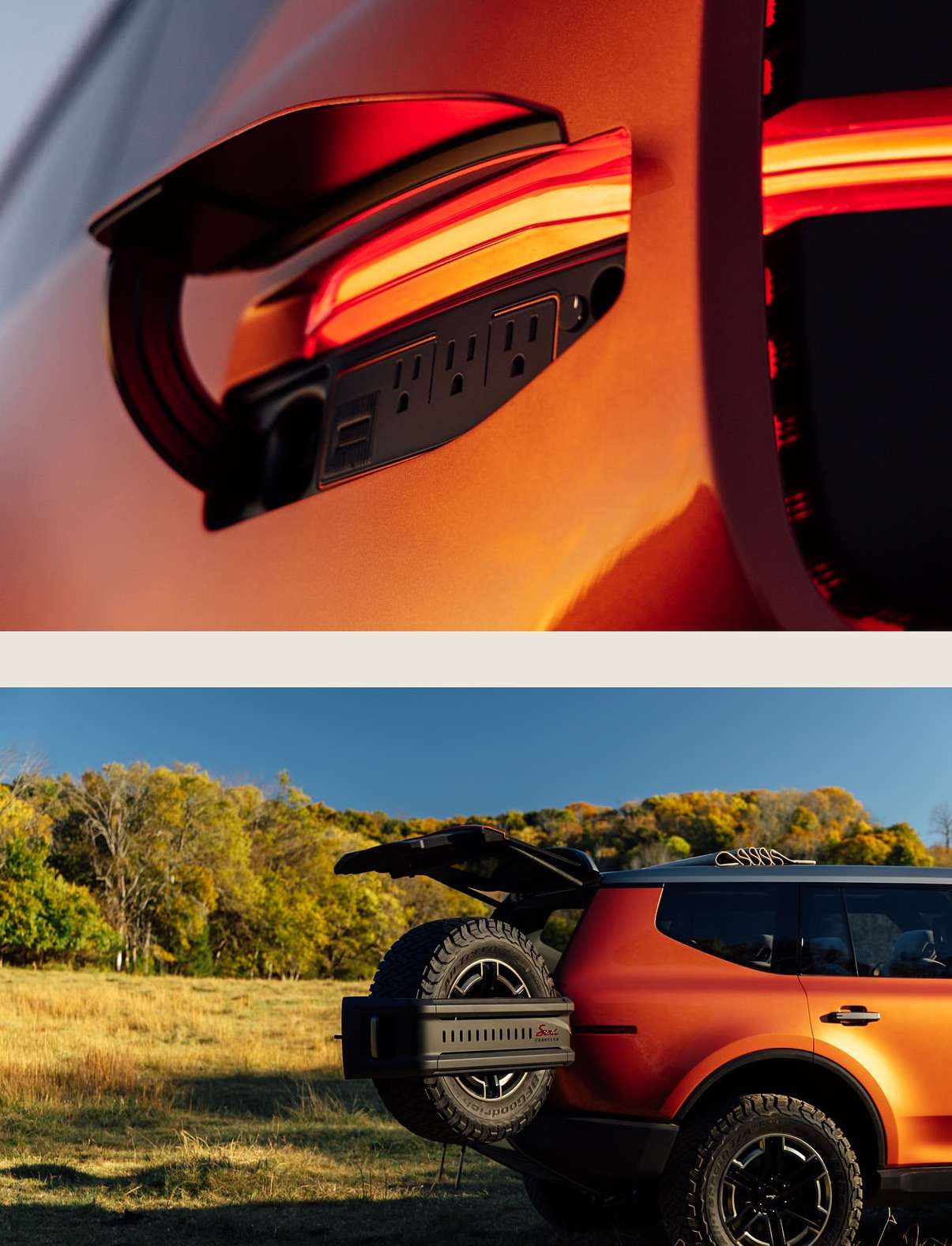 Orange SUV shown outdoors in grassy field with blue sky and open rear hatch; close up shows power outlets on the SUV's exterior.