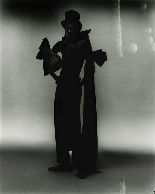 Fashionable figure in dramatic lighting, wearing a top hat and wide-sleeved outfit with long flowing panels, set against a soft background.