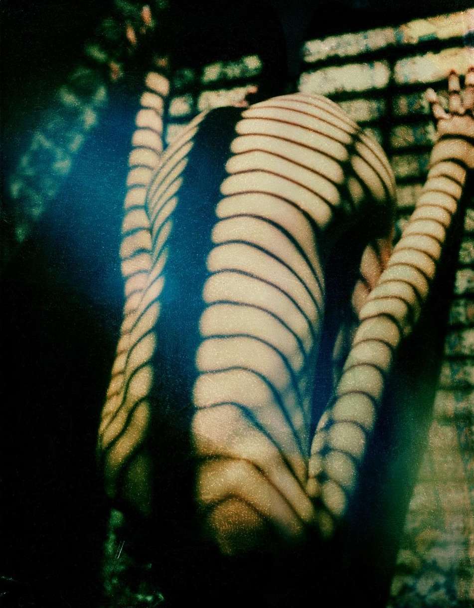 Close-up portrait of a person arched with striking striped shadows cast across their back by Jordan Hemingway