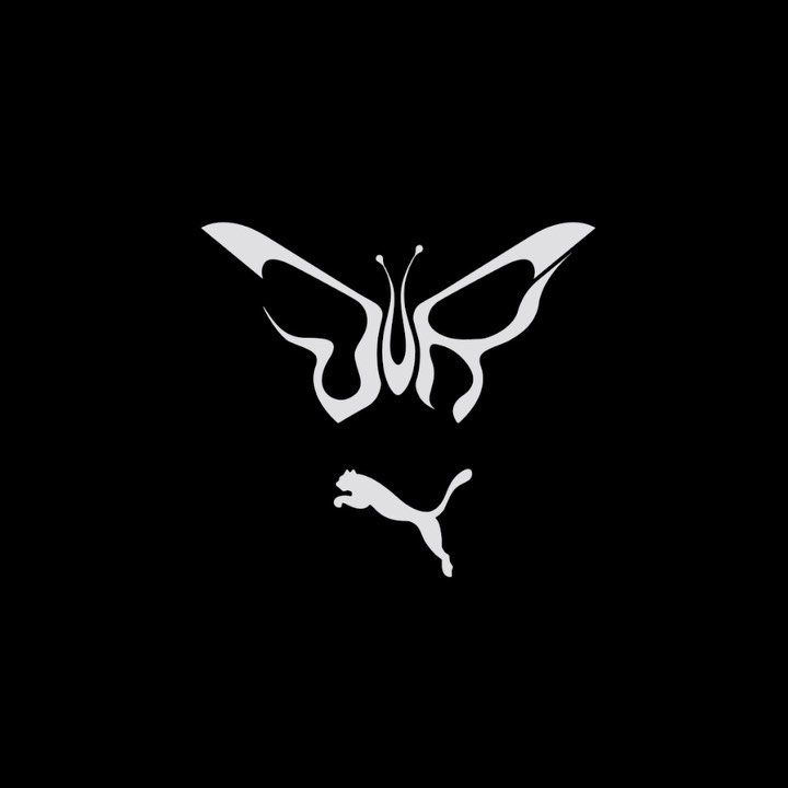 Monochrome graphic design of a butterfly and Puma logo on a black background with elements of art and digital illustration.