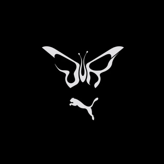 Monochrome graphic design of a butterfly and Puma logo on a black background with elements of art and digital illustration.