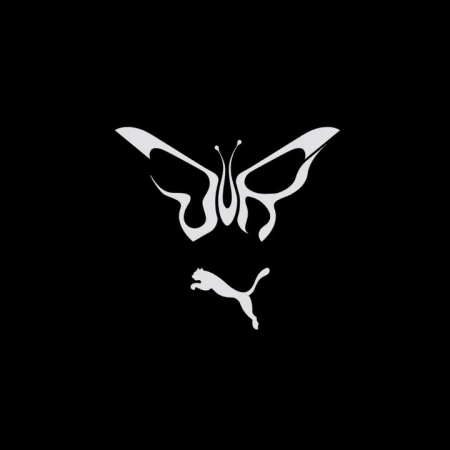 Monochrome graphic design of a butterfly and Puma logo on a black background with elements of art and digital illustration.
