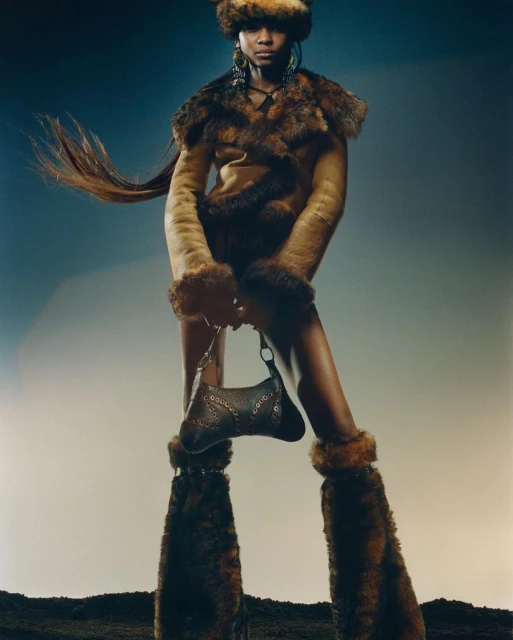 A striking fashion shot features a Black woman modeling a fur-trimmed outfit, accessorized with earrings and a handbag against a gradient background.