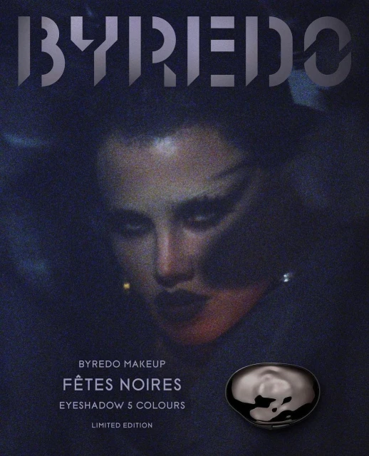 Byredo makeup advertisement featuring a woman with dark eye makeup, showcasing the Fêtes Noires eyeshadow palette against a dark background.