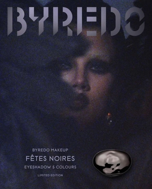 Byredo makeup ad featuring a blurred woman's face and an eyeshadow palette in dark, muted tones with the brand logo prominently displayed.