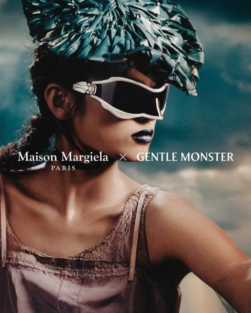 Fashion editorial portrait: Asian woman in futuristic sunglasses and turquoise headdress against a dreamy sky backdrop for eyewear advertisement.