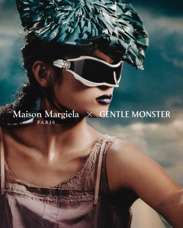 Fashion editorial portrait: Asian woman in futuristic sunglasses and turquoise headdress against a dreamy sky backdrop for eyewear advertisement.