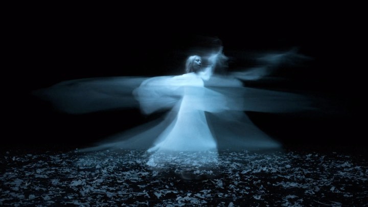 Woman in blurred, ethereal motion, wearing a long dress, surrounded by dark leaves and a black background, creating a ghostly effect.