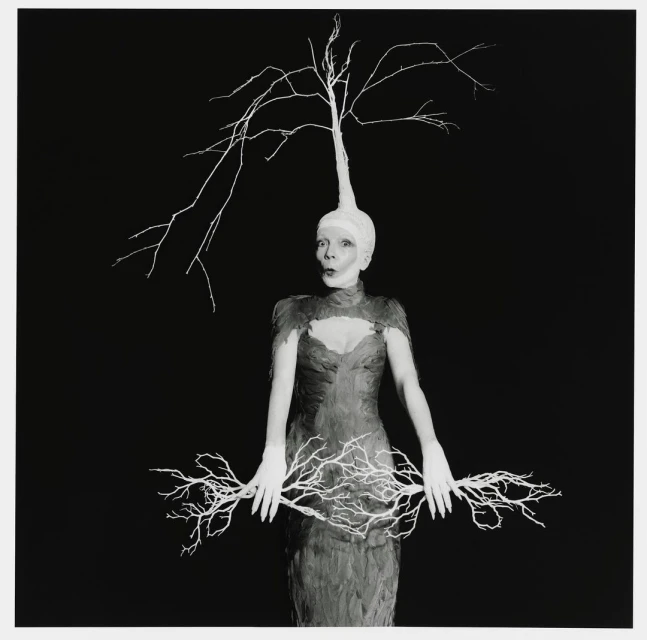 A surreal black and white portrait features a person in an elaborate costume with branch-like structures extending from their head and hands.