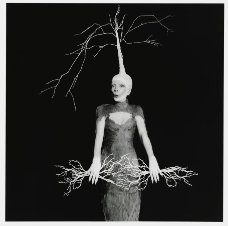 A surreal black and white portrait features a person in an elaborate costume with branch-like structures extending from their head and hands.