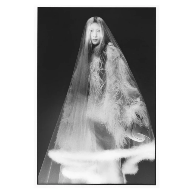 Monochrome portrait of a fair-skinned adult female model in a tulle veil with feather trim, posing in a studio against a black backdrop.