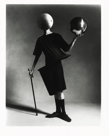 A person wearing black clothing and a spherical mask balances a shiny ball on their hand, holding a cane, in a studio setting with soft lighting.