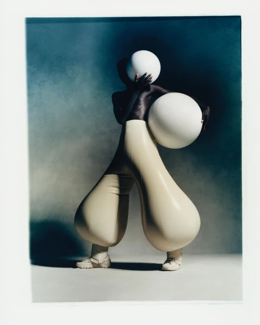 Person in light-colored sculptural outfit holds large spheres, face obscured, in a studio setting with a muted teal backdrop.