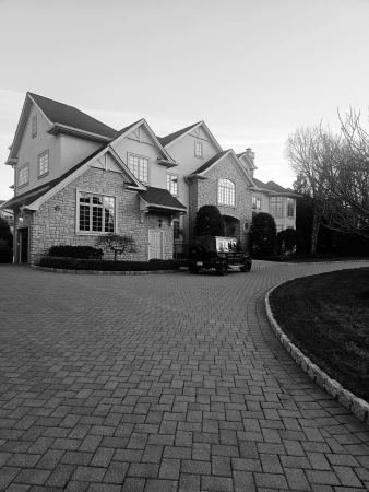 Monochrome shot of a two-story house with a brick driveway and trimmed bushes in front, under a cloud-filled sky, captured in black and white.