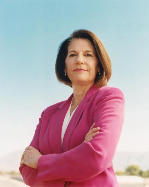 Professional portrait of a mature woman with short brown hair wearing a pink blazer against a clear blue sky, arms crossed.