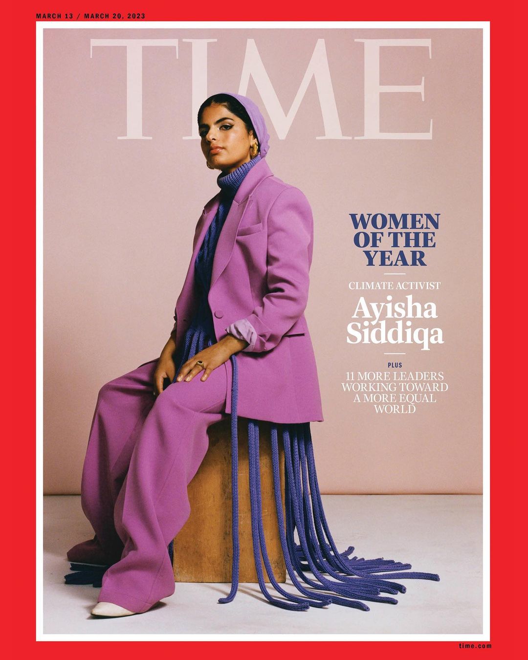 TIME magazine cover featuring a climate activist wearing a lilac suit and head covering, sitting on a box with purple fringe.