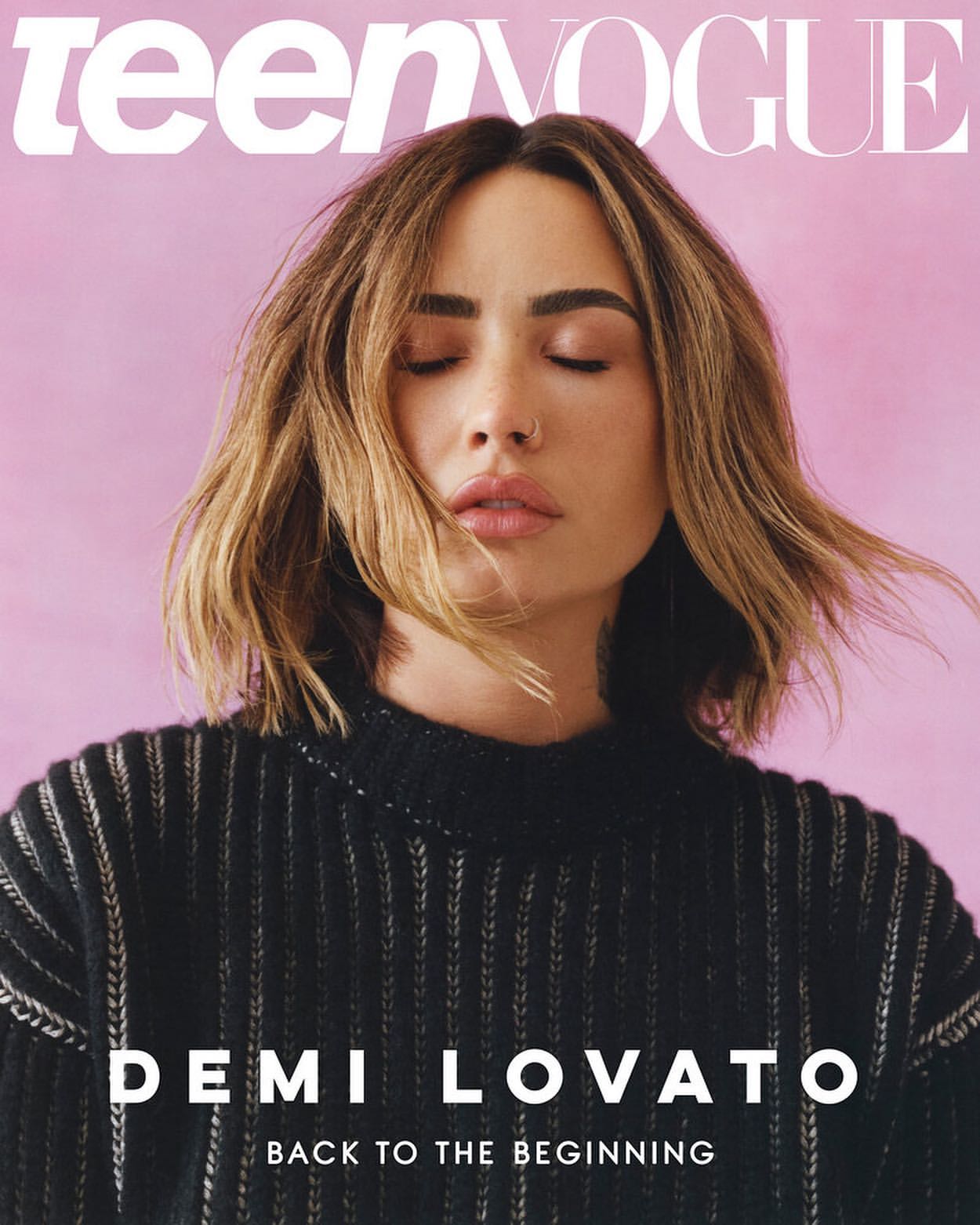 Teen Vogue magazine cover featuring Demi Lovato with eyes closed, medium complexion, short brown hair, wearing a black top.