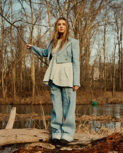 A woman in a blue suit stands on a fallen tree near a body of water, with a forest in the background and an overcast sky above.