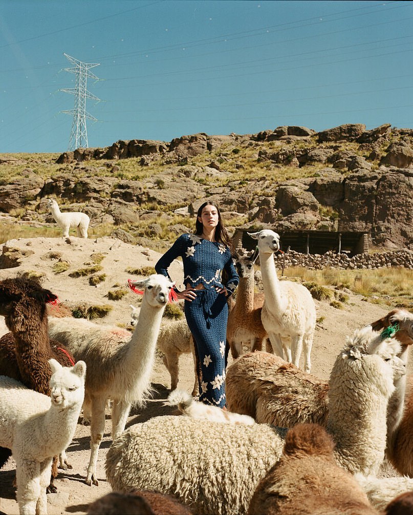 Fashion editorial photo: a woman in a blue floral dress stands in a desert landscape surrounded by a herd of llamas under a clear sky.