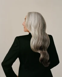 Profile view of an elderly woman with long wavy silver hair wearing a black jacket against a light neutral background.