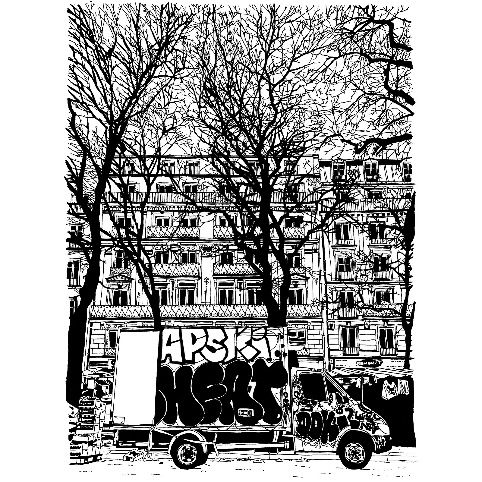 Monochrome illustration of graffiti-covered box truck against a building backdrop, framed by bare trees, creating a stark contrast.