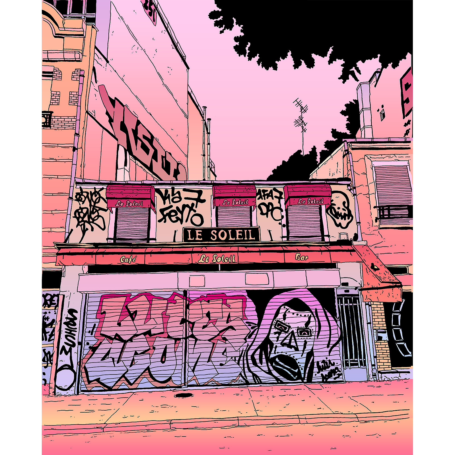 Illustration of a building facade with graffiti in pink and black tones, trees in the background, and an overall urban aesthetic.