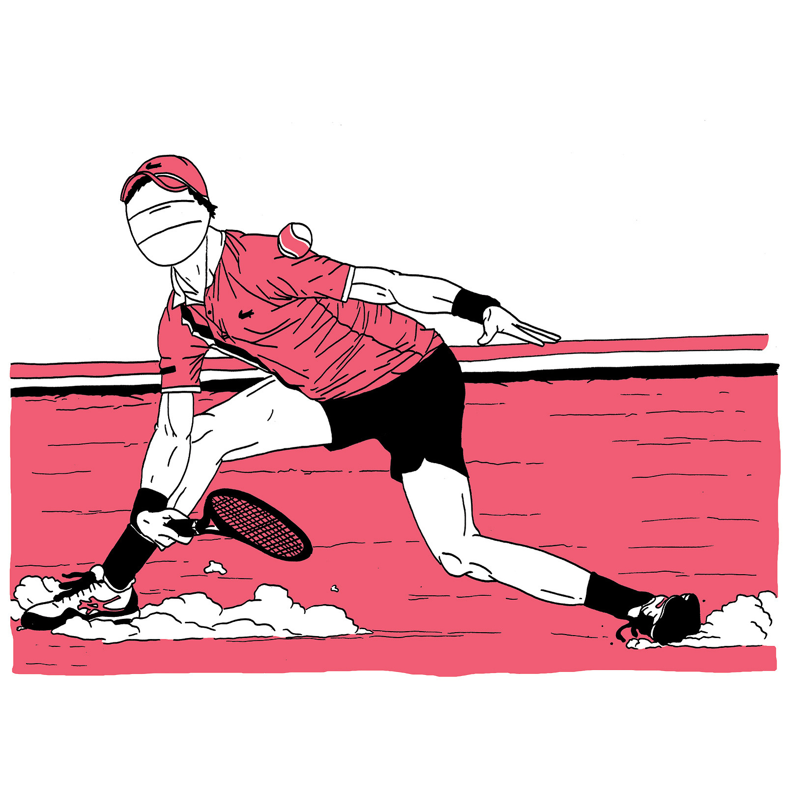 Illustration of a tennis player with cap and wristbands, hitting a ball with a racquet on a pink court with white lines.