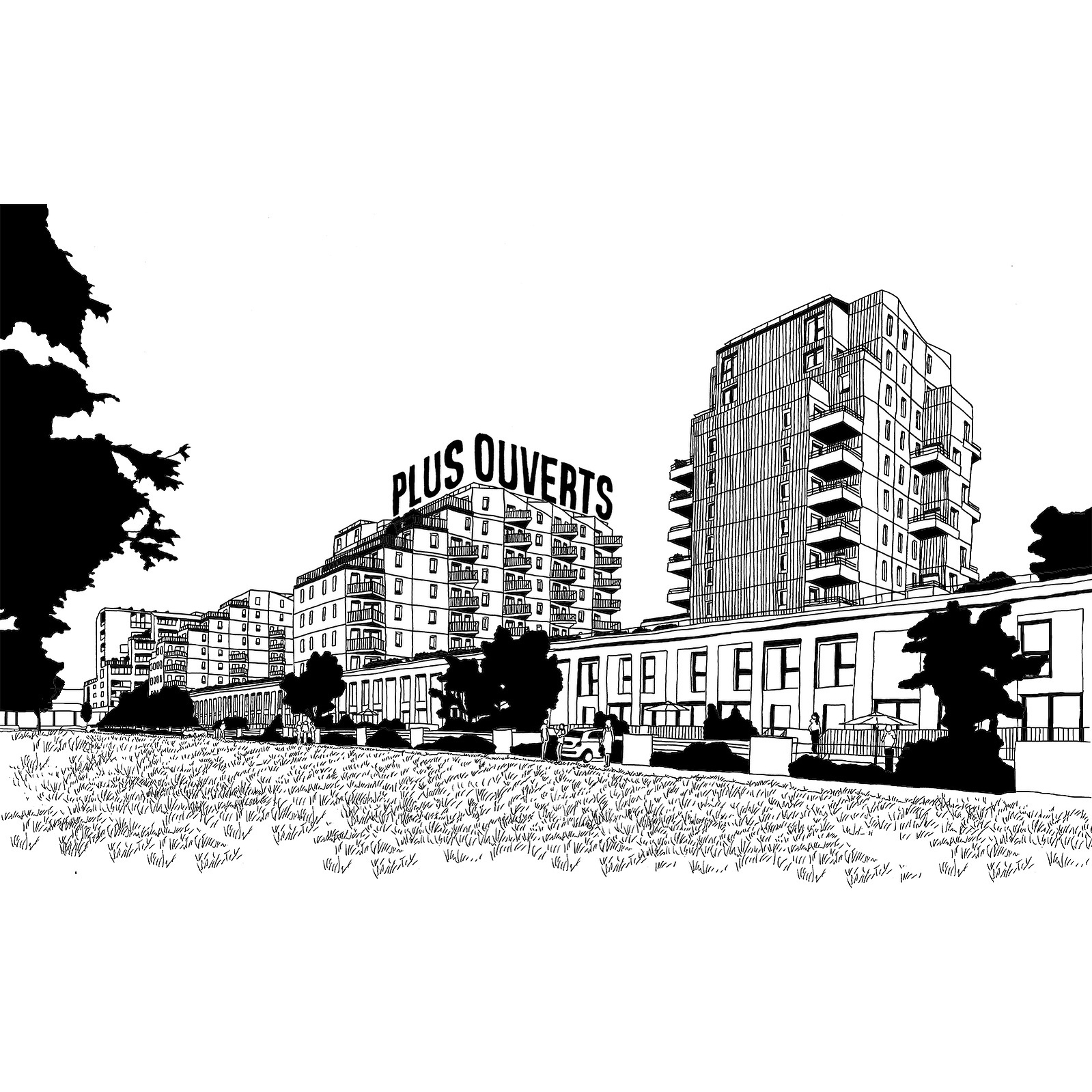 Architectural rendering of multiple modern apartment buildings on a sunny day with lawn, greenery, and the words 'Plus Ouverts.'