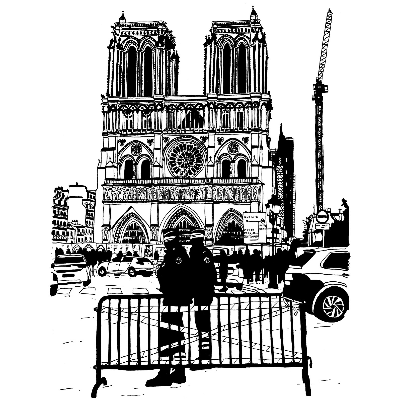Illustration of the Notre Dame Cathedral in Paris, featuring two silhouetted police officers in the foreground, conveying a somber mood.