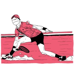 Illustration of a tennis player in a pink shirt and black shorts sliding across a clay court with racket in hand.