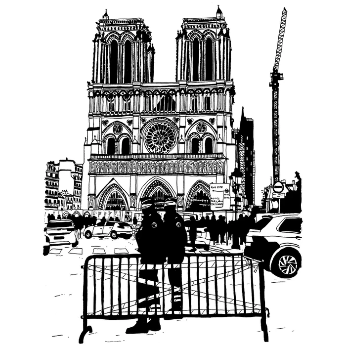 Black and white ink illustration of Notre-Dame Cathedral with police officers behind a metal crowd barrier in Paris.