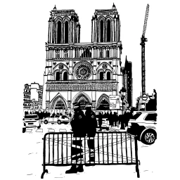 Black and white ink illustration of Notre-Dame Cathedral with police officers behind a metal crowd barrier in Paris.