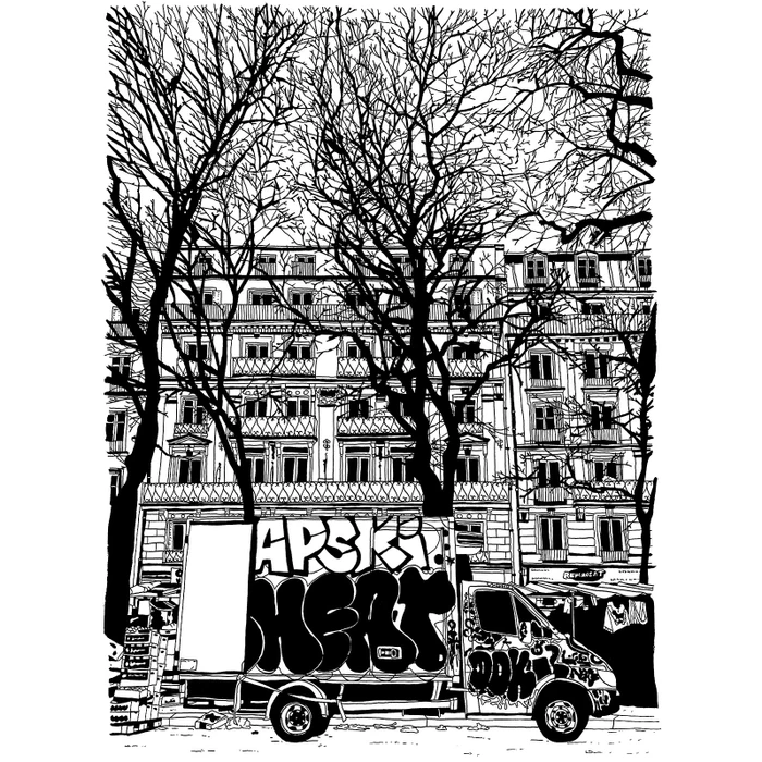 Black and white ink illustration of a graffiti-covered delivery truck parked in front of Parisian Haussmann apartment buildings.