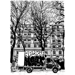 Black and white ink illustration of a graffiti-covered delivery truck parked in front of Parisian Haussmann apartment buildings.
