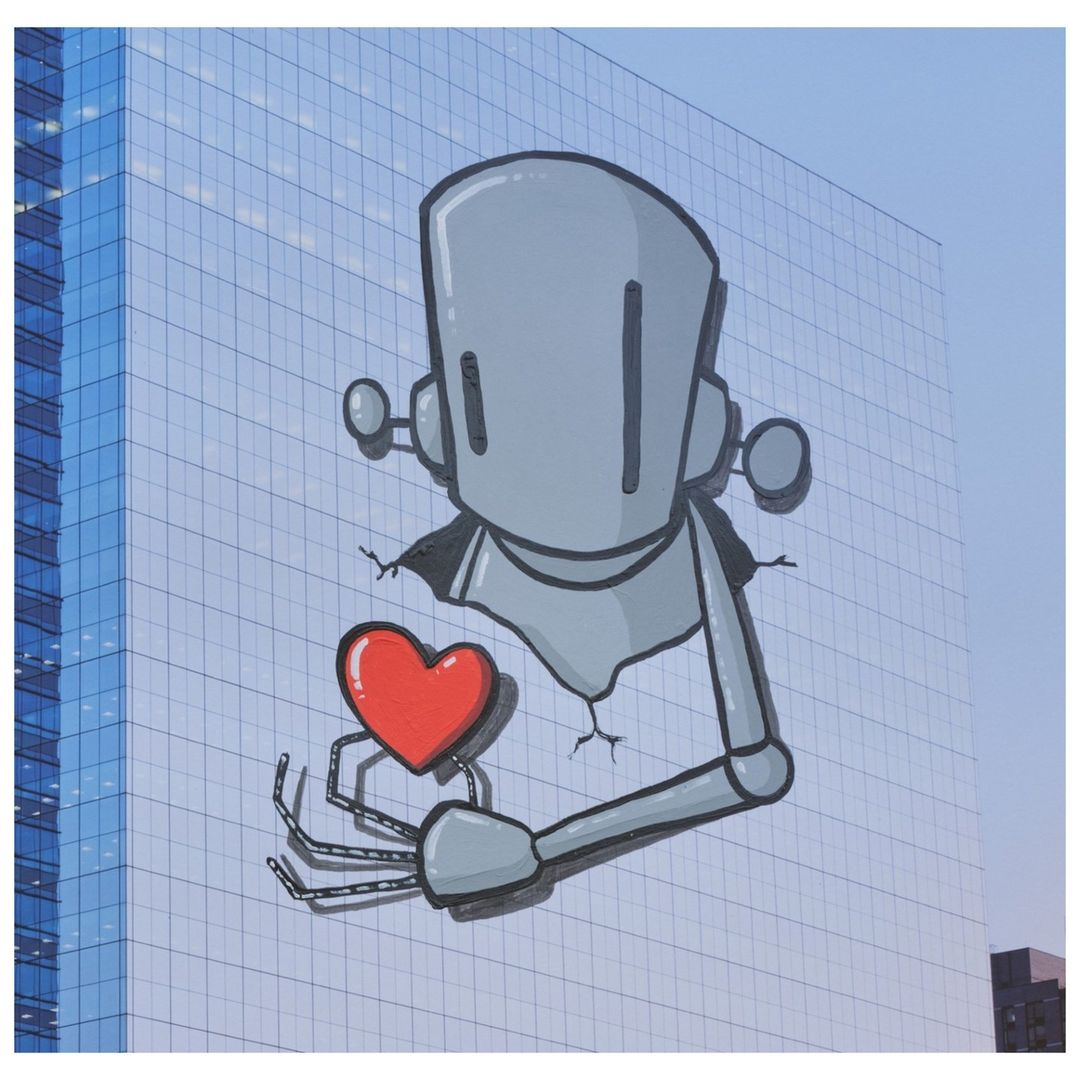 Cartoon robot on a building facade holding a red heart, depicted in a stylized manner with flat colors and bold outlines.