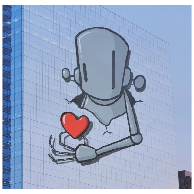 Cartoon robot on a building facade holding a red heart, depicted in a stylized manner with flat colors and bold outlines. 