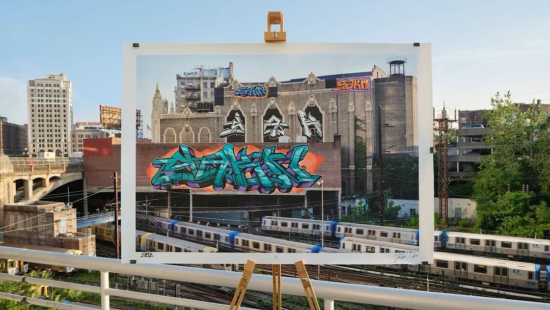 Graffiti art print on easel outdoors, featuring urban building and rail yard with trains, under clear sky and sunny lighting.