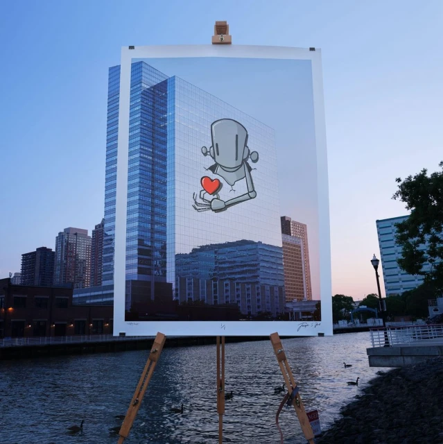 Art display of robot graphic holding heart on an easel outside with waterfront and city buildings in the background at dusk.