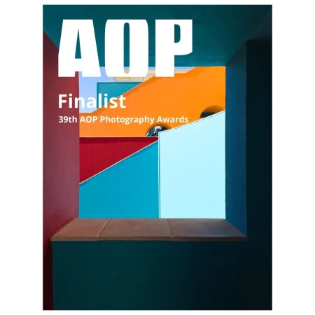 Abstract view through colorful architectural frame featuring teal, red, orange, and white surfaces, along with 'AOP Finalist' text.
