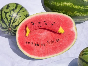 A peeled yellow banana wearing a red knit cover rests on top of a halved watermelon, surrounded by whole watermelons on a white cloth.