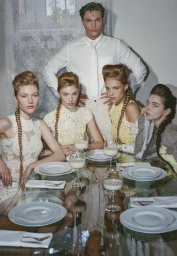 One man standing behind seated women at a glass dining table set with empty white plates and milk glasses.