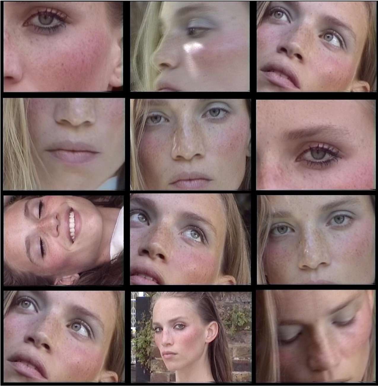 Multiple headshots of a fair-skinned young woman with light blonde hair and freckles, showcasing various poses and facial expressions.