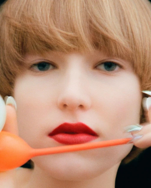 Close-up portrait of a blonde woman with red lipstick holding an orange makeup applicator, set against a dark background.